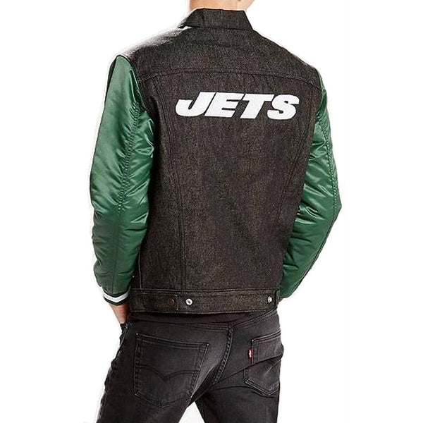 Levi's New York Jets Denim Varsity Trucker Button-Up Jacket - Black - Triple Play Caps