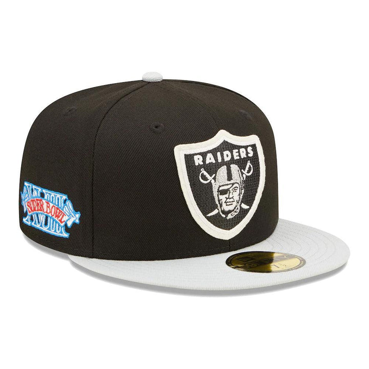 Las Vegas Raiders New Era Super Bowl XVIII Letterman 59FIFTY Fitted Hat - Black/Silver - Triple Play Caps