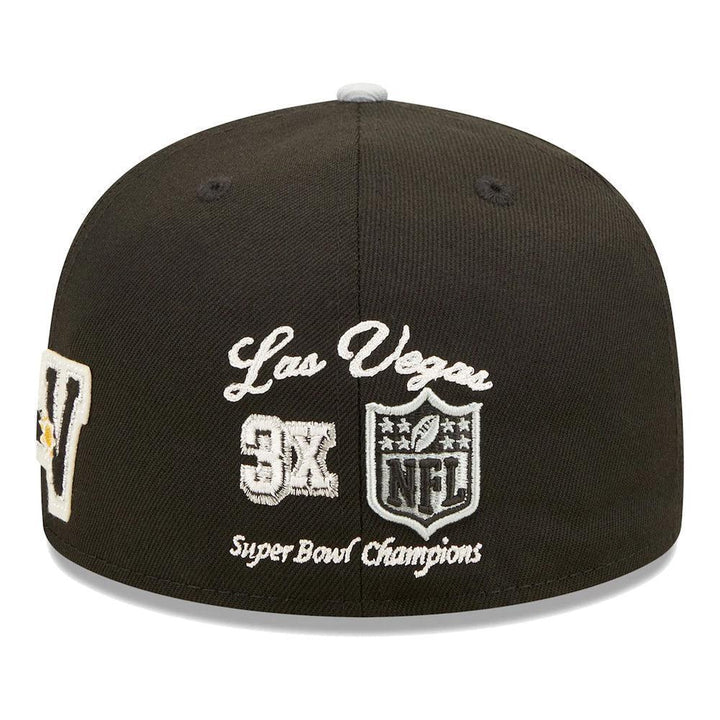 Las Vegas Raiders New Era Super Bowl XVIII Letterman 59FIFTY Fitted Hat - Black/Silver - Triple Play Caps